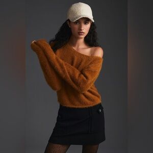 Anthropologie Pilcro cropped eyelash Off-Shoulder Rust orange brown Sweater new